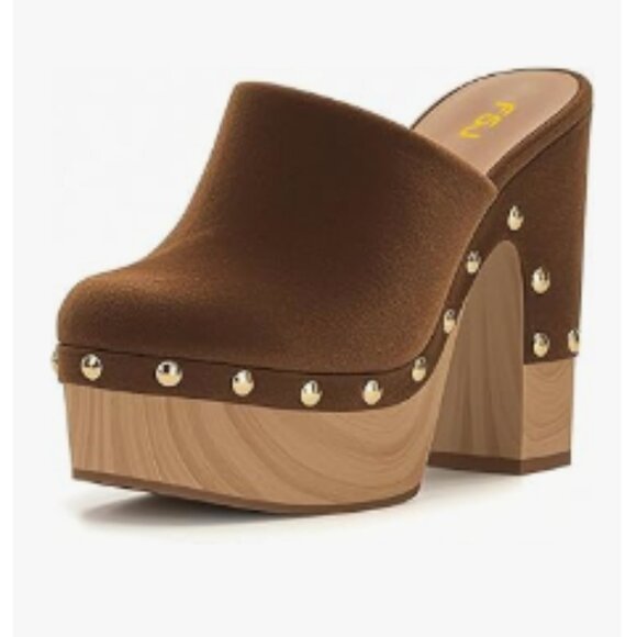 FSJ Shoes - FSJ Brown Suede Round Toe Mules High Chunky Heeled Sandals Slip On Platform Shoe